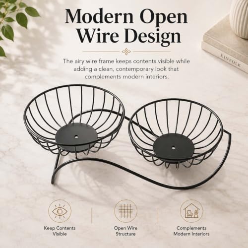 Image of Go Hooked Metal Dual Fruit Basket for Kitchen Counter & Dining Table | Decorative Wire Fruit Bowl with Curved Base | Multipurpose Storage Basket for Fruits, Bread, Snacks & Tabletop (L47xW18xH17) cm