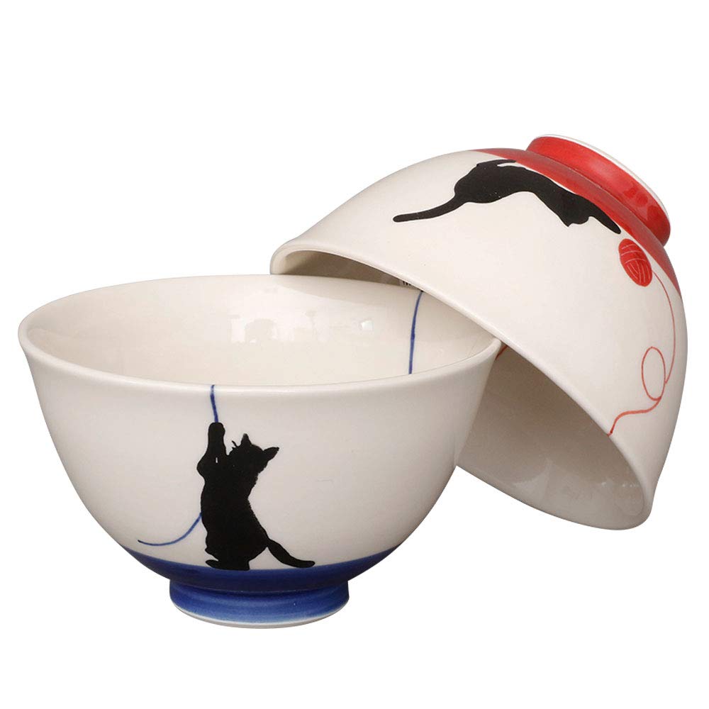 Hasami Ware Rice Bowl Pair Set Yarn Cat Porcelain 4.5in Made in Japan