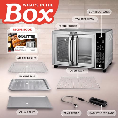 Image of Gourmia French Door Air Fryer Toaster Oven - 6 Slice Capacity, Temperature Probe, 18 Cooking Presets, FryForce, Digital Display, 3 Rack Positions, Dishwasher-Safe Accessories, Stainless Steel