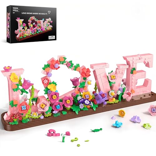 Booyuer Love Bausteinset mit Blumen für Erwachsene, 791 PCS Florale Buchstaben-Ziegelkunst für Wohnkultur, Geschenke für Kindergeburtstag, Verlobung, Muttertag, Valentinstag, für Sie oder Ihn