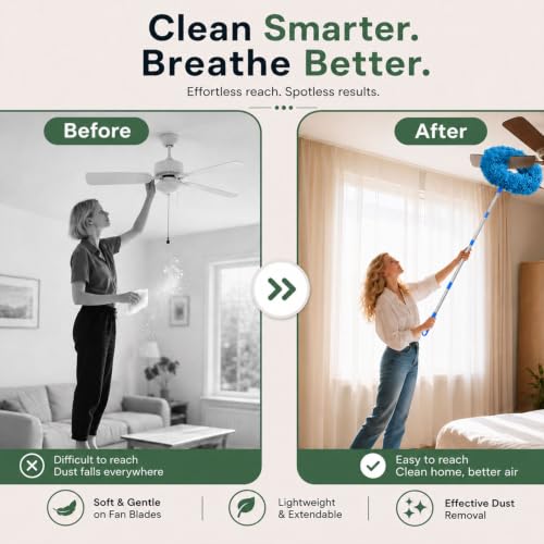 Image of Maxoshine Fan Cleaner Brush with Long Rod Flexible Fan Cleaning Mop Microfiber Dust Cleaner Foldable Duster Microfiber Duster for Cleaning of Home, Kitchen, Car