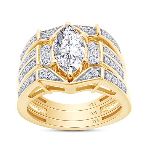 SAVEARTH DIAMONDS Marquise & Round Cut Lab Created Moissanite Wedding Bridal Ring Set In 14K Gold Plated 925 Sterling Silver For Women (Color : G-H, Clarity : VVS1, 3.00 Cttw)
