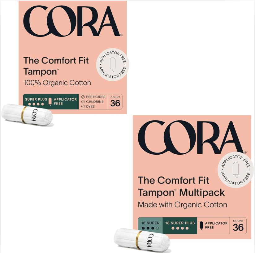 Cora 100% Organic Cotton Non-Applicator Tampons | Ultra-Absorbent, Unscented, Natural, Non-Toxic, Applicator Free | Eco-Conscious S/S+ (72 S/S+ Tampons)