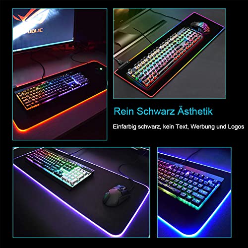 Owege Oyun fare altlığı XXL 800 x 300 mm RGB fare altlığı, büyük, 14 aydınlatma modu, 7 LED renk, dikişli kenarlar, su geçirmez, kaymaz, hassasiyeti artırır, komple siyah