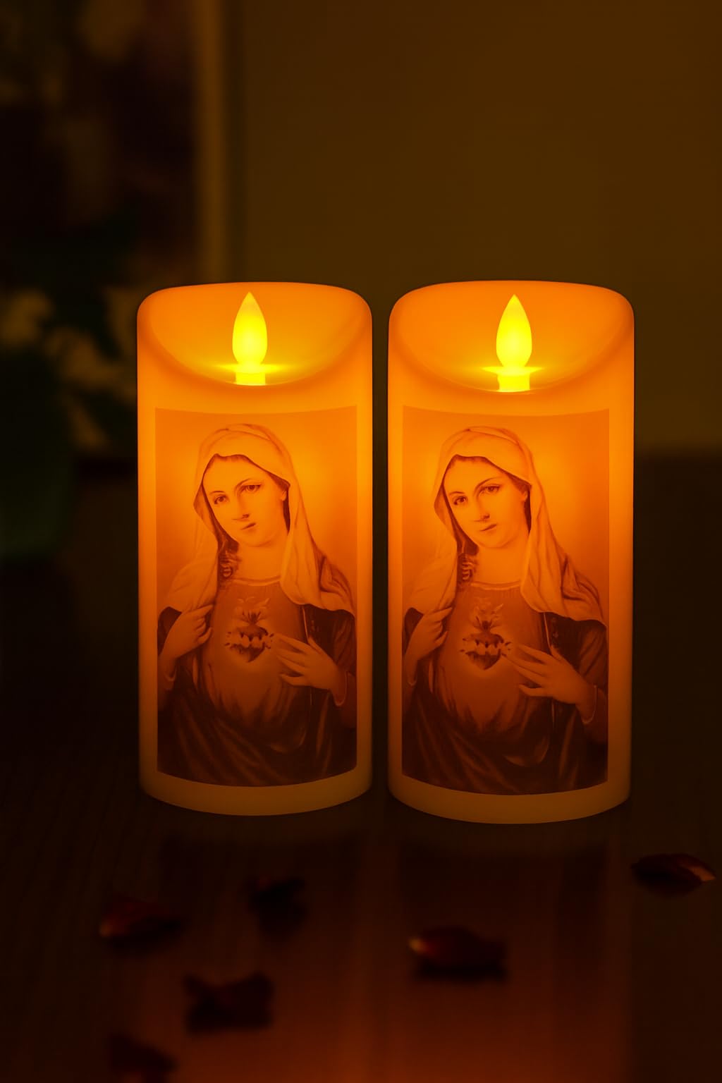 Pack of 2 Flameless LED Candles with Virgin Mary Design | Battery Operated Decorative Prayer Candle | Warm Flickering Light for Home, Church & Festive Decor
