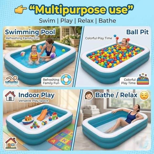 Image of Coku 7 Feet Rectangular Inflatable Swimming Pool for Kids & Adults | 2-Ring Large Family Pool, Thick PVC Foldable Bathtub for Backyard, Garden, Indoor Outdoor Summer Use (Multicolor)