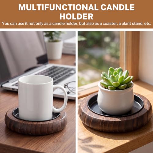 2 Stück Kerzenteller, Holz Kerzenständer mit Metalltablett Rund Kerzenuntersetzer Braun Dekorativer Kerzenhalter für Hochzeit Zuhause Tauf Stumpenkerzen bis 8cm – Bild 4