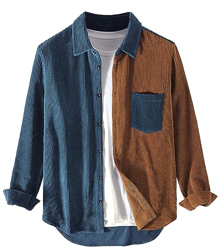 Kedera Mens Corduroy Patchwork Shirts Casual Button Up Long Sleeve Jacket Coat