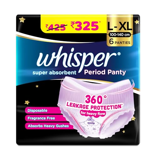 Whisper Super Absorbent Period Panty, 6 L-XL Pants, 360 Degree Leakage Protection for Heavy Flow, Panty like Fit for Full back Coverage, Absorbs Heavy Gushes, Silky Soft, Comfortable Feel-Women