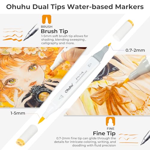 Image of Ohuhu Markers Paper-friendly No Peeling Water-based Coloring Marker 60 Colors Dual Brush Fine Tips Markers for Adult Coloring Books No Bleeding Art Markers for Kids Adults Beginner Calligraphy