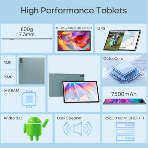 Image of 11 Inch Tablet, 14(6+8) GB&256GB Storage(Expand to 512GB) Android 13 Tablet, with 2000x1200 IPS HD Touch Screen, Dual Stereo Speakers, Dual 13+5MP Camera, 7500mAh, WiFi, GPS, Bluetooth5.0 Tablets