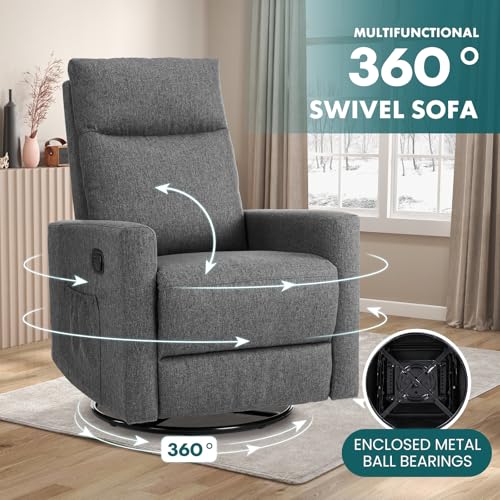 Swivel Rocking Recliner Chair with Extra Large Footrest High Back, Upholstered Glider Nursery Chair for Living Room, Bedroom & Nursery, Comfortable Deep Seat for Relaxation, Grey - Image 4