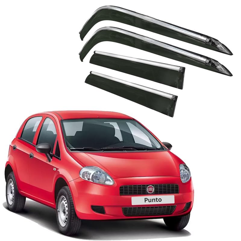 Image of CAR SAAZ Side Door Visors for Punto (2016-2018)(Set of 4 Pcs)|Chrome Lined Rain Guards, Polycarbonate, Smoke Finish