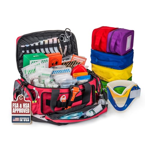 RHINO RESCUE First Responder Large EMT Bag Fully Stocked with Medications 300+ Supplies Trauma First Aid Kit EMS Advanced Medical Kit for Pre-Hospital Public Facilities Paramedics Firefighters