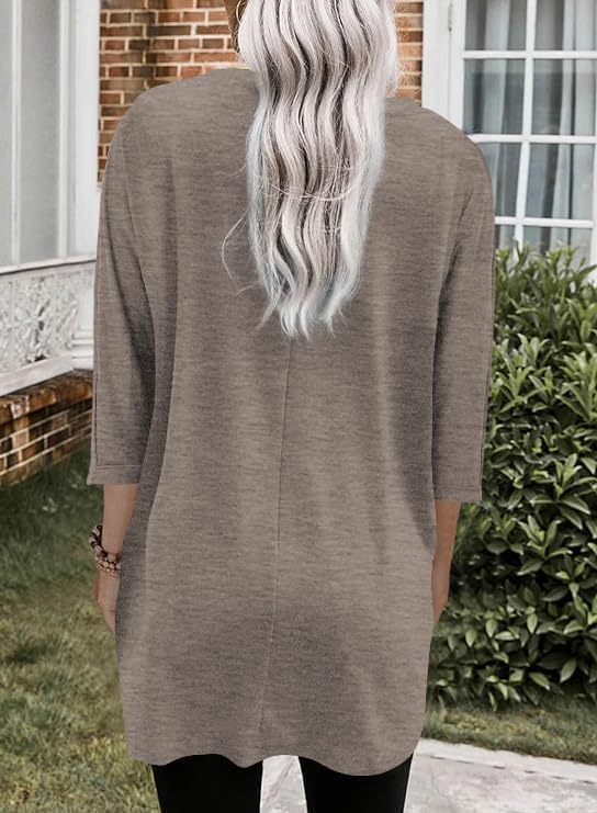 Poetsky Womens Tunic Tops for Leggings with Pockets Vneck 3/4 Length Sleeve Shirt Casual Long T-Shirts S-3XL - Image 2