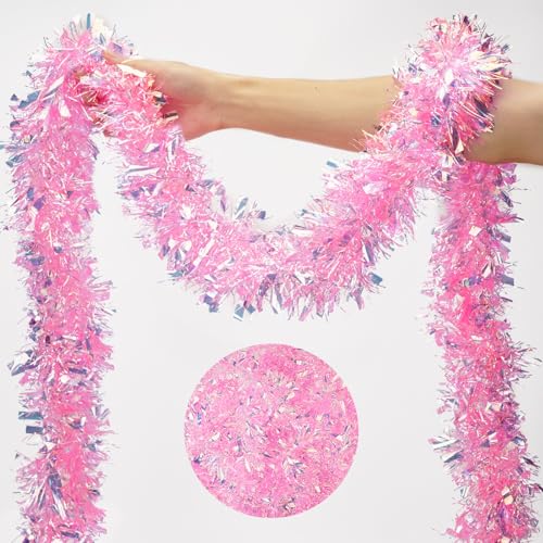 KINGLAKE Christmas Tinsel Garland 10M x 9CM Pink Xmas Shiny Iridescent Tinsel Garland Decorations Christmas Metallic Chunky Tinsel Thick for Decorations Xmas Tree Party Home