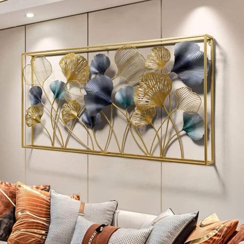 Image of F-RIQA METAL A PALACE OF WALL UNIQUE Luxury Metal Leaf Wall Art for Living Room - 3D Designer Floral Wall Decor with Gold, Teal & Grey Finish, Handcrafted Modern Rectangular Wall Hanging for Home, Bedroom, Hallway, Office & Hotel Interiors, Elegant Contemporary Statement Wall Decoration