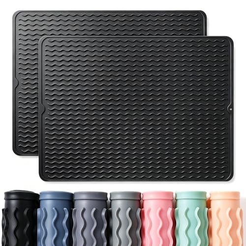 Image of 2 Pack Caketime Silicone Dish Drying Mat for Kitchen Counter Under Sink Protector Organizers Cooking Baking Espresso Machine Accessories Appliance Stone Rack Trays Drain Extra Large 24 inchx18 inch Black