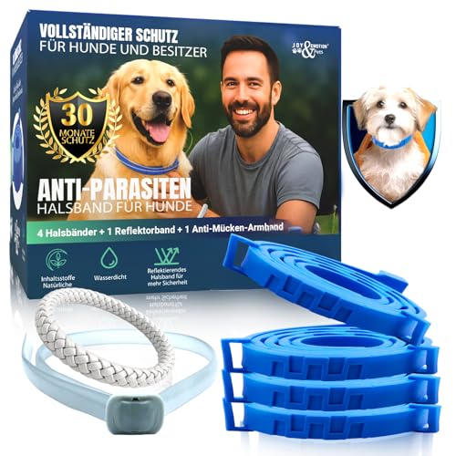 JOY & EMOTION® Super Zeckenhalsband für Hunde, Flohhalsband 5 Stück + 1 Mückenarmband | Natürlich, Verstellbar & Wasserfest | Für Kleine, Mittlere & Große Hunde | 30 Monate Schutz gegen Zecken & Flöhe