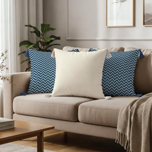 Image of Urban Space Decorative Cotton Cushion Cover Set of 3, 16 Inch X 16 Inch Cushion Covers for Sofa, Bedroom, Living Room (Waves Dark Teal Zig zag & Fence Grey, Set of 3)
