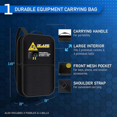 Image of De Jure Fitness Pickleball Paddle Set - 2 Carbon Fibre 11MM Rackets with Honeycomb Core & Cushion Grip, Includes 4 Pickleball Balls & Portable Bag | Lightweight for Beginners & Intermediate Players
