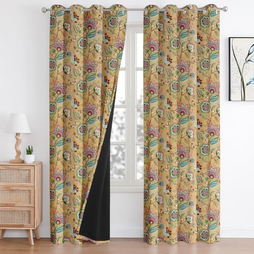 Image of Cloth Fusion Printed 100% Blackout Door Curtains 8 Feet Long Set of 2, Room Darkening Parda with Stainless Steel Grommets for Home Decor (8x4.5 Feet, Yellow Garden)