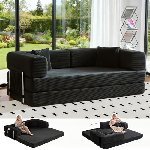 GEARIVY Folding Sofa Bed Convertable Corduroy Couch King Size Floor Sleeper 4-in-1 DIY Combination Modular Sofa Fold Out Futon Lounge Comfy Foldable Lazy cama for Living Room (Black, 80.3 inch Sofa)