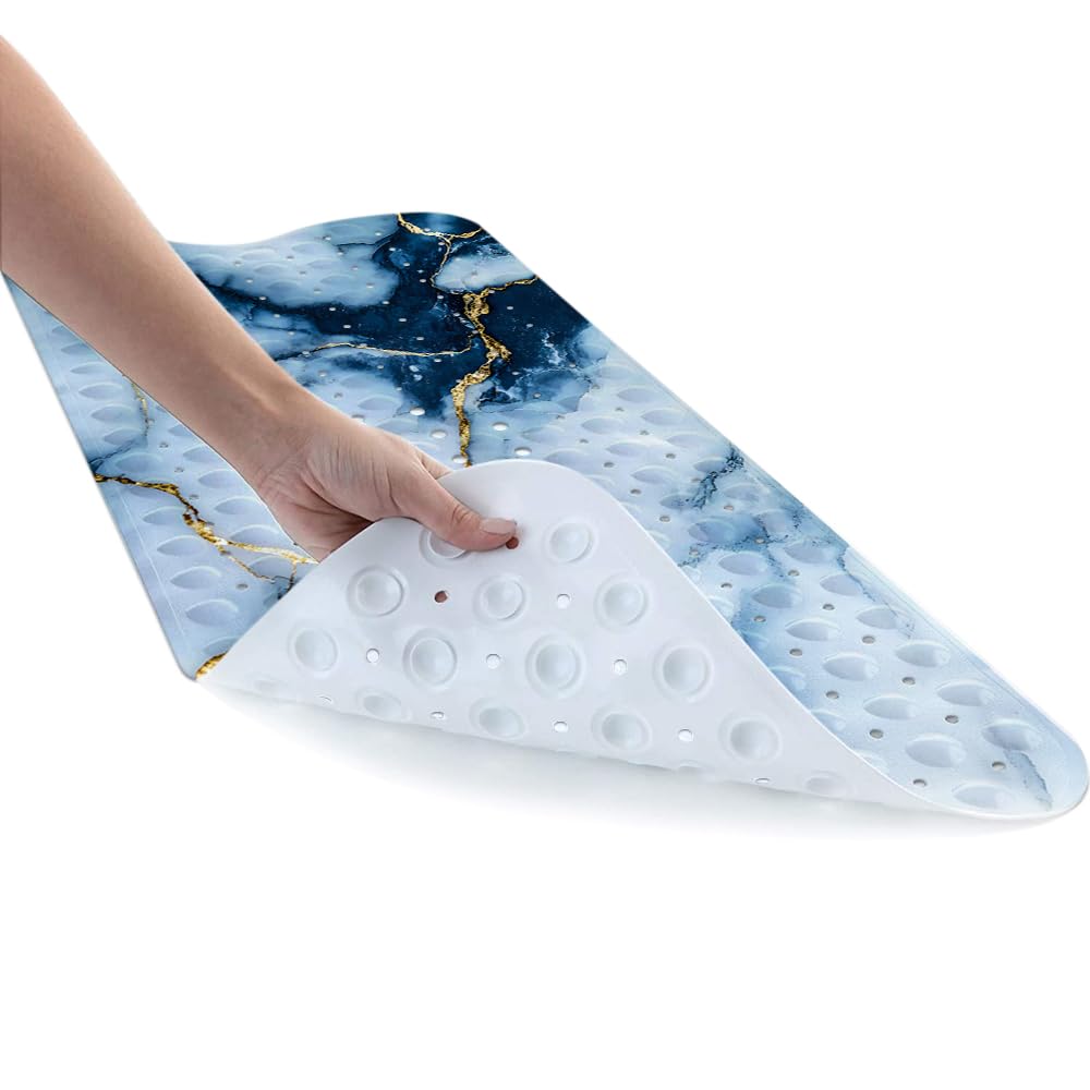 LNOND Marmor-Badewannenmatte, rutschfest, extra lang, 101,6 x 40,6 cm, rutschfeste Matte für Badewanne, marineblau, goldfarben, Marmor-Duschmatte mit Abflusslöchern und Saugnäpfen, maschinenwaschbar
