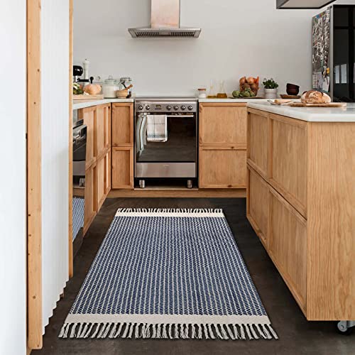Lahome Boho Bedroom Rug, 3X5 Kitchen Rug Lightweight Rugs For Entryway Living Room Woven Washable Area Rug With Tassels, Farmhouse Navy Blue Throw Rug Non-Shedding Floor Carpet For #TOP5