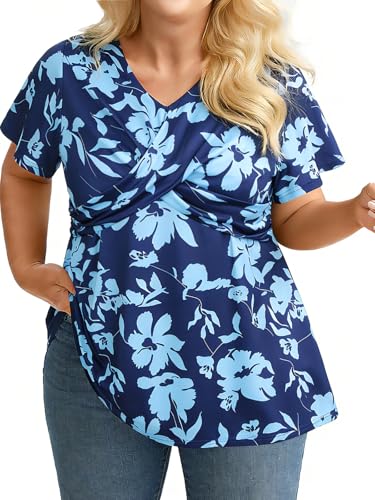 Charming Ashley Plus Size Floral Print Blouse for Women V Neck Short Sleeve Summer Spring Top Casual Shirt Navy Blue