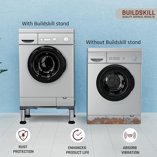 Image of BUILDSKILL 350kg Load Capacity Washing Machine Stand Adjustable | Spirit Level | Anti-Vibration Mats | Dual SS Tubes | Legs with Rubber Pads | Without Wheels Height Stand for Washing Machine (Grey)