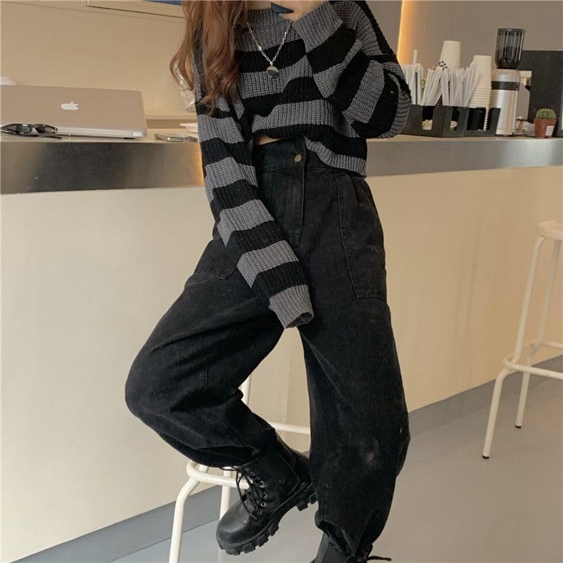 Women Striped Cropped Vintage Oversize Knit Sweater Jumper Female Long Sleeve O-Neck Pullovers Tops Sweaters2