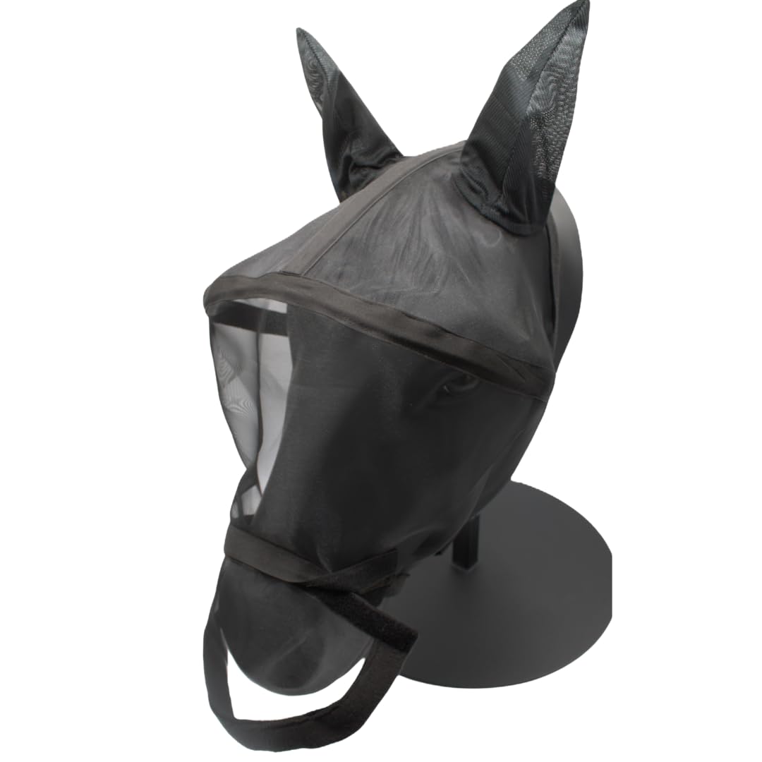 PFIFF 103125 Fliegenmaske „Big Eye“ mit UV-Schutz, Abnehmbarer Nasenschutz, Insektenschutz, atmungsaktiv, Schwarz, Cob
