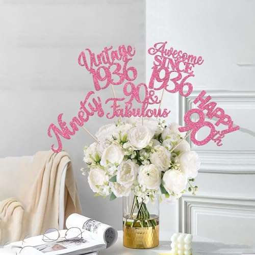 Image of 15 PCS 90th Birthday Centerpiece Sticks Ninety Happy 90 Vintage 1936 Table Flower Centerpieces Sticks Cheers to 90 Fabulous Floral Decorations for 90th Birthday Party Supplies Pink