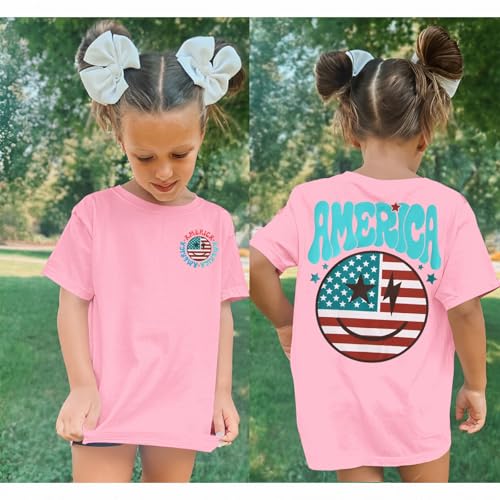 Image of MODNTOGA Boys Girls 4th of July Shirt USA Flag Graphic T-Shirt Big Kids America Print Short Sleeve Patriotic Holiday Tee Tops (Pink, 7-8 Years)