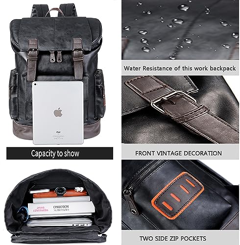 Image of CHAO RAN Vintage Leather Laptop Backpack For Men, Men Black Leather Backpack