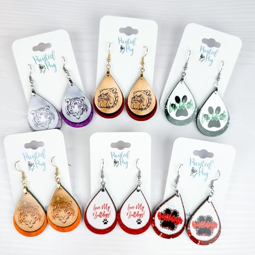 Bulldogs Earrings Red & White Pawprint Team School Football Dangle Teardrop MDF Wood Printed Sports Fan Jewelry for Women Handmade by The Painted Pug (Red White Lg Pawprint)4