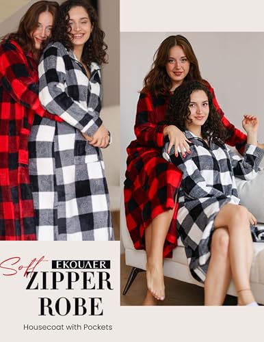 Image of Ekouaer Women Zip Up Robe Fleece Long Sleeves Soft Housecoat with Pockets