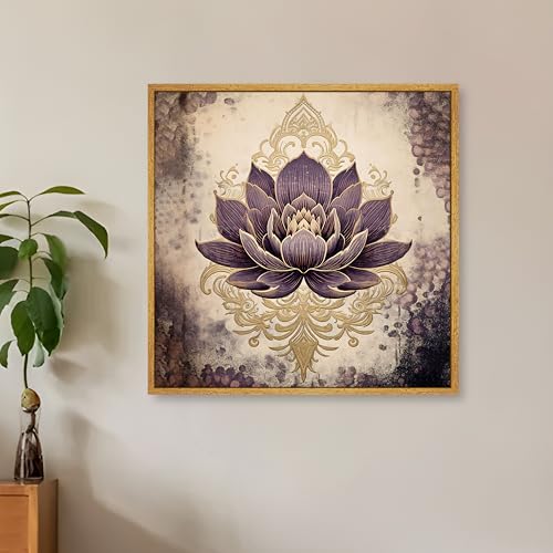 Image of PAINTINGMANTRA Multicolor Abstract Stretched Canvas Framed Painting Wall Art for Living Room Bedroom Office Cafe Beige Purple Gold Lotus Indian Folk Framed Canvas Wall Decor Painting Frame (58x58 cm)
