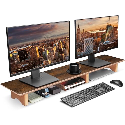 Image of Large Dual Monitor Stand Riser - Solid Wood Desk Shelf with Eco Cork Legs for Laptop Computer /TV /PC /Printers, Perfect Desktop Stands Organizer with Underneath Storage for Office Accessories,Vintage