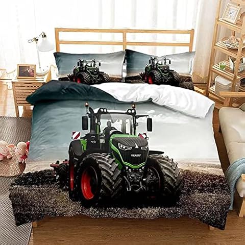PQCXXA Tractor Bed Linen 140 x 200 cm 3-Piece Grey Tractor Duvet Cover with Zip and 2 Pillowcases 65 x 65 cm for Children Teenagers Boys Cover