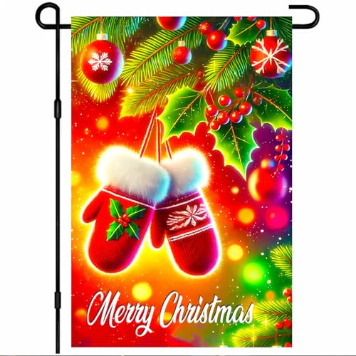 Image of BlissYard Christmas Garden Flag 12x18 Inch Red Mittens Holly Yard Decor | Double sided polyester, red mittens holly design, cozy winter home decor for Christmas porch and yard