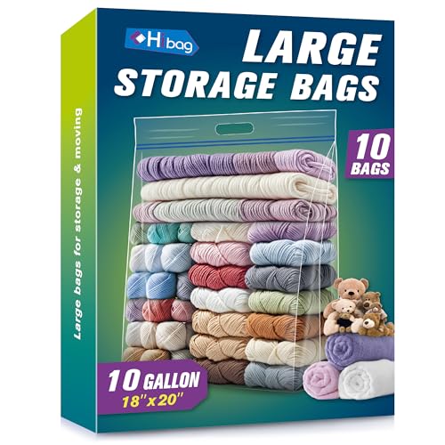 HIBAG 10 Gallon Large Storage Bags, 18” x 20” Resealable Clear Bags with Handle, Extra Large XL Heavy Duty for Clothes Pillow Travel Moving, Pack of 10