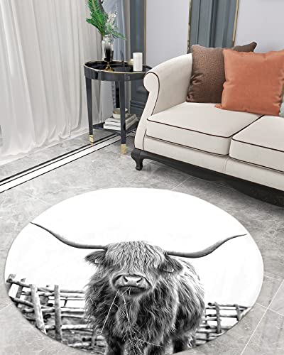 Image of Round Area Rugs Fluffy Circle Rug Scottish Highland Cow Yak Retro Gray Amimal Art on White,Soft Shaggy Throw Mats Funny Wildlife,Round Carpet Non Slip Doormats for Living Room Kids Teens Girls Room