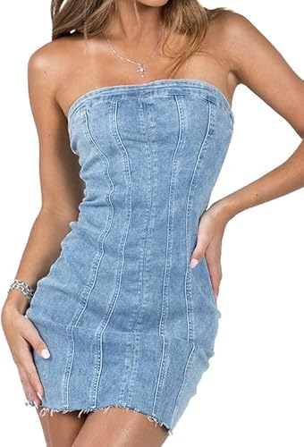 peassa Women's Sexy Denim Strapless Dresses Y2K Jeans Corset Tube Bodycon Top Mini Dress Club Western Cowgirl Outfits Light Blue, M