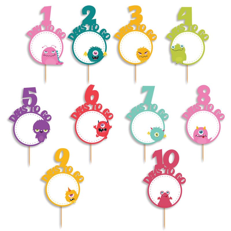 Festiko Monster Theme Countdown Cards For Birthday/Anniversary/Wedding/Party/Baby Shower, Countdown Toppers of 1-10 Days To Go