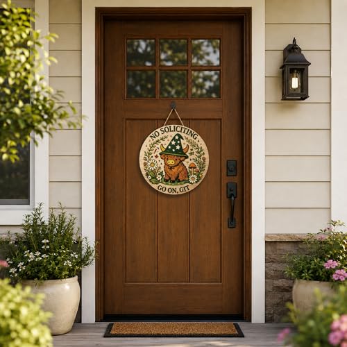 Image of No Soliciting Sign for House | Rustic Round Wood Wreaths Hanging Sign for Front Door - Cute Highland Cow Witch Hat Front Porch Garland Decor for Door Wall Room Porch Kitchen