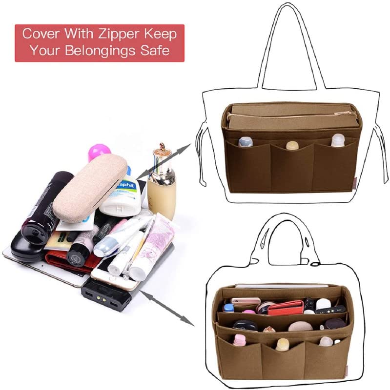 Advance Geotextiles Women Felt Purse Organizer Insert for Ladies Handbag, Hobo Bag, Multiple Storage Compartment with Detachable Zipper Cover-Biege(8.85x4.5x5.5) inch(Small) 4