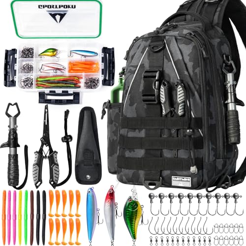 Ghosthorn Fishing Backpack with Tackle Boxes Fish Pliers Fish Lip Gripper Lures Waterproof Tackle Bag with Rod Holder Fishing Gear Sling Bag Gift For Men Women Anglers (Black)