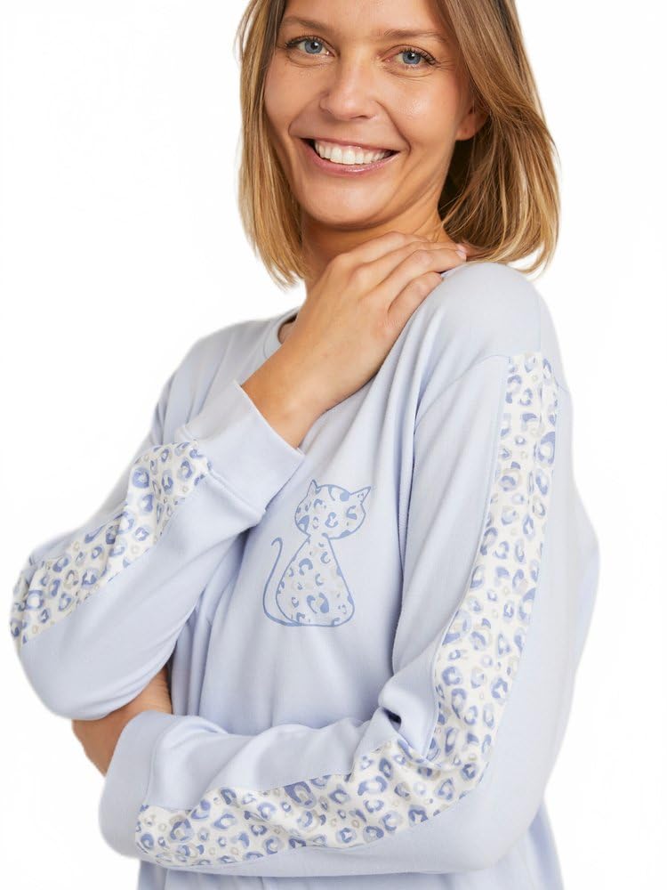 Afibel - Pyjama Manches Longues Coton Interlock Nuit Bleu Coton Peigné - Taille : 38/40
